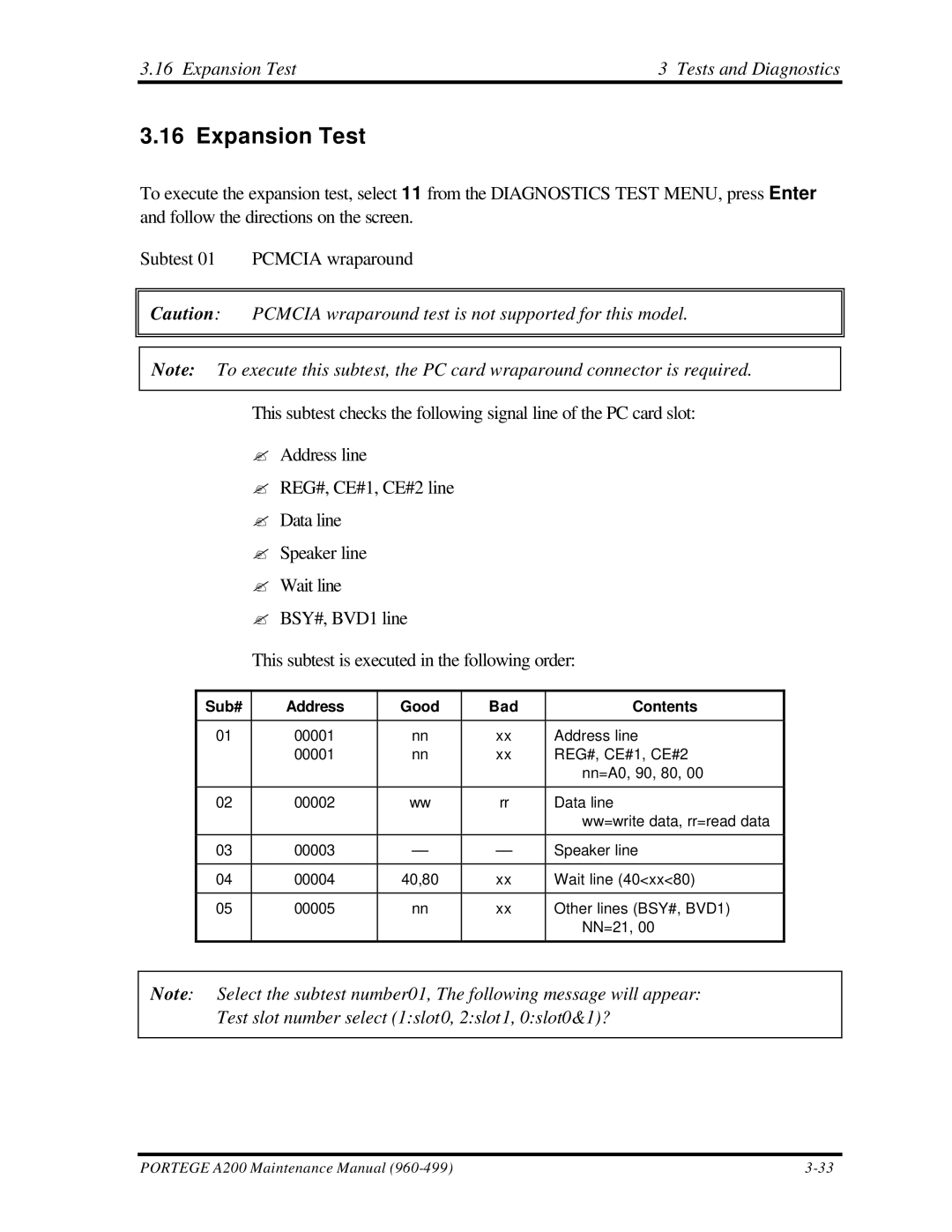 Toshiba A200 manual Expansion Test Tests and Diagnostics, Sub# Address Good Bad Contents 