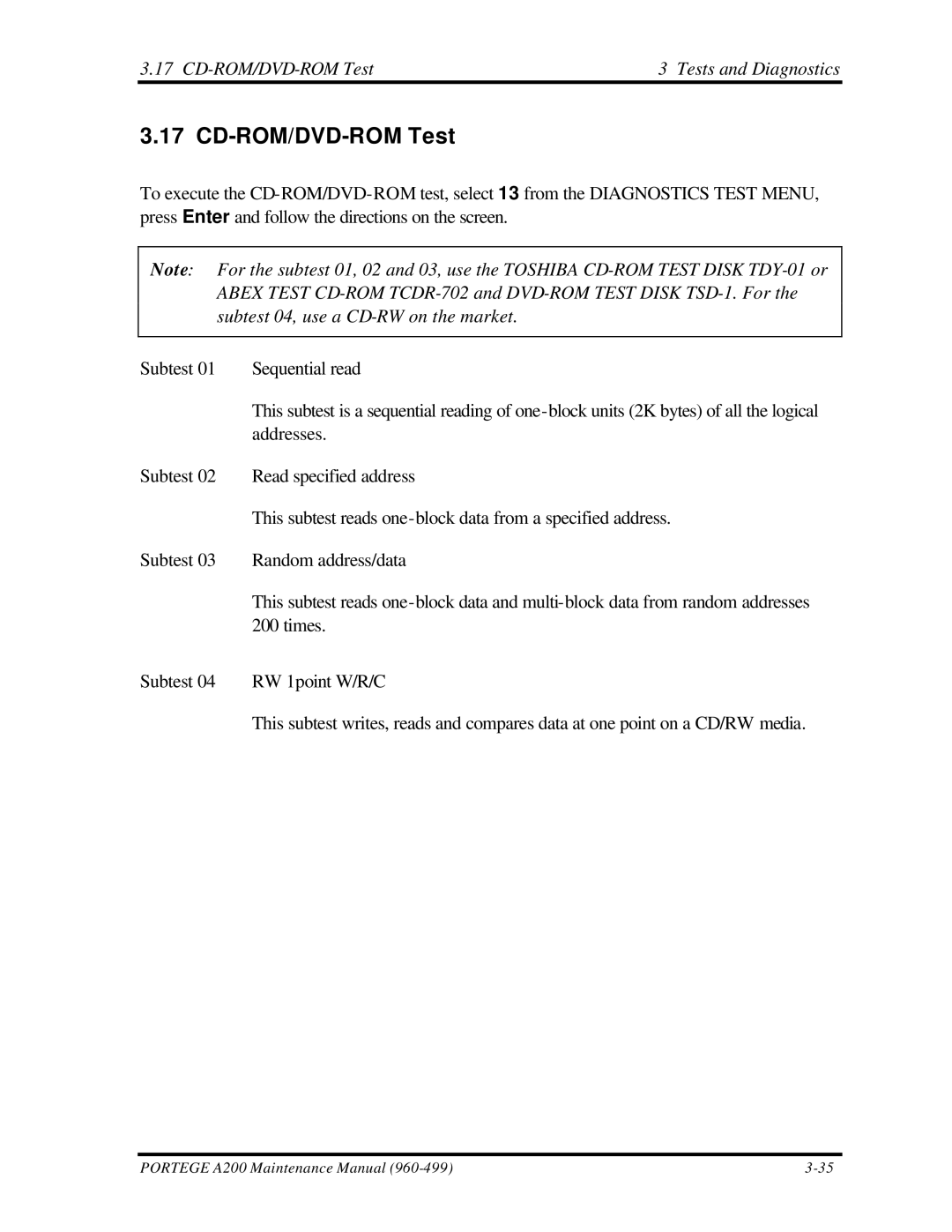 Toshiba A200 manual CD-ROM/DVD-ROM Test Tests and Diagnostics 