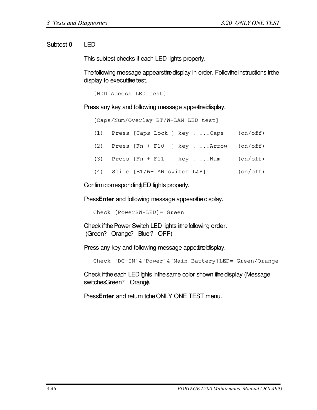 Toshiba A200 manual Led, This subtest checks if each LED lights properly 