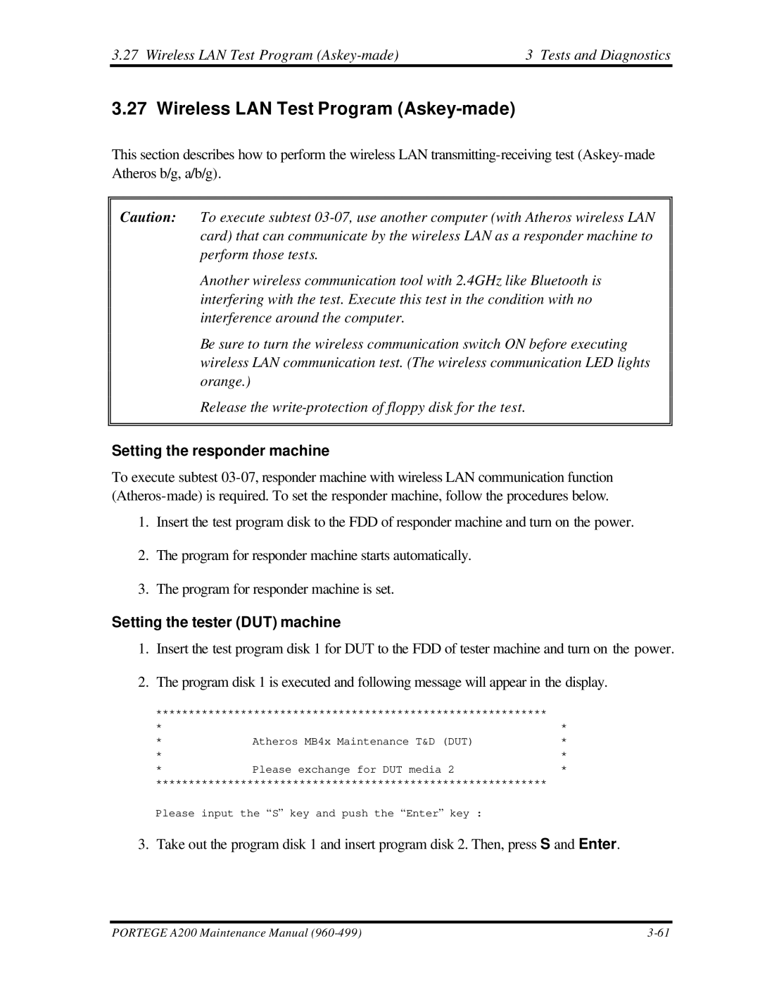 Toshiba A200 manual Wireless LAN Test Program Askey-made Tests and Diagnostics, Setting the tester DUT machine 