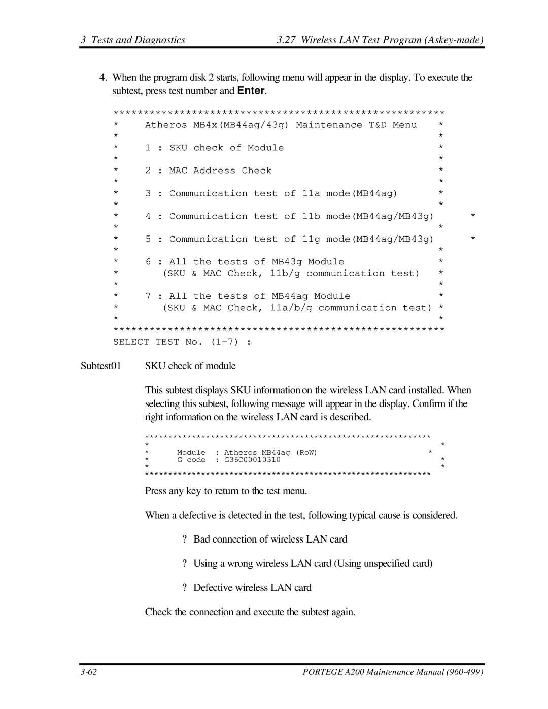 Toshiba A200 manual Tests and Diagnostics Wireless LAN Test Program Askey-made 