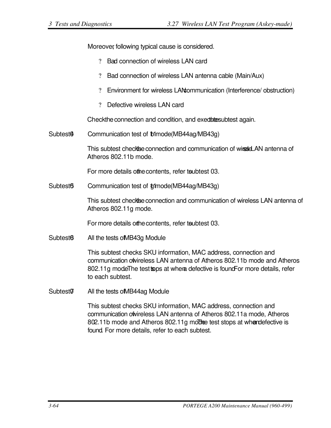 Toshiba A200 manual Tests and Diagnostics Wireless LAN Test Program Askey-made 