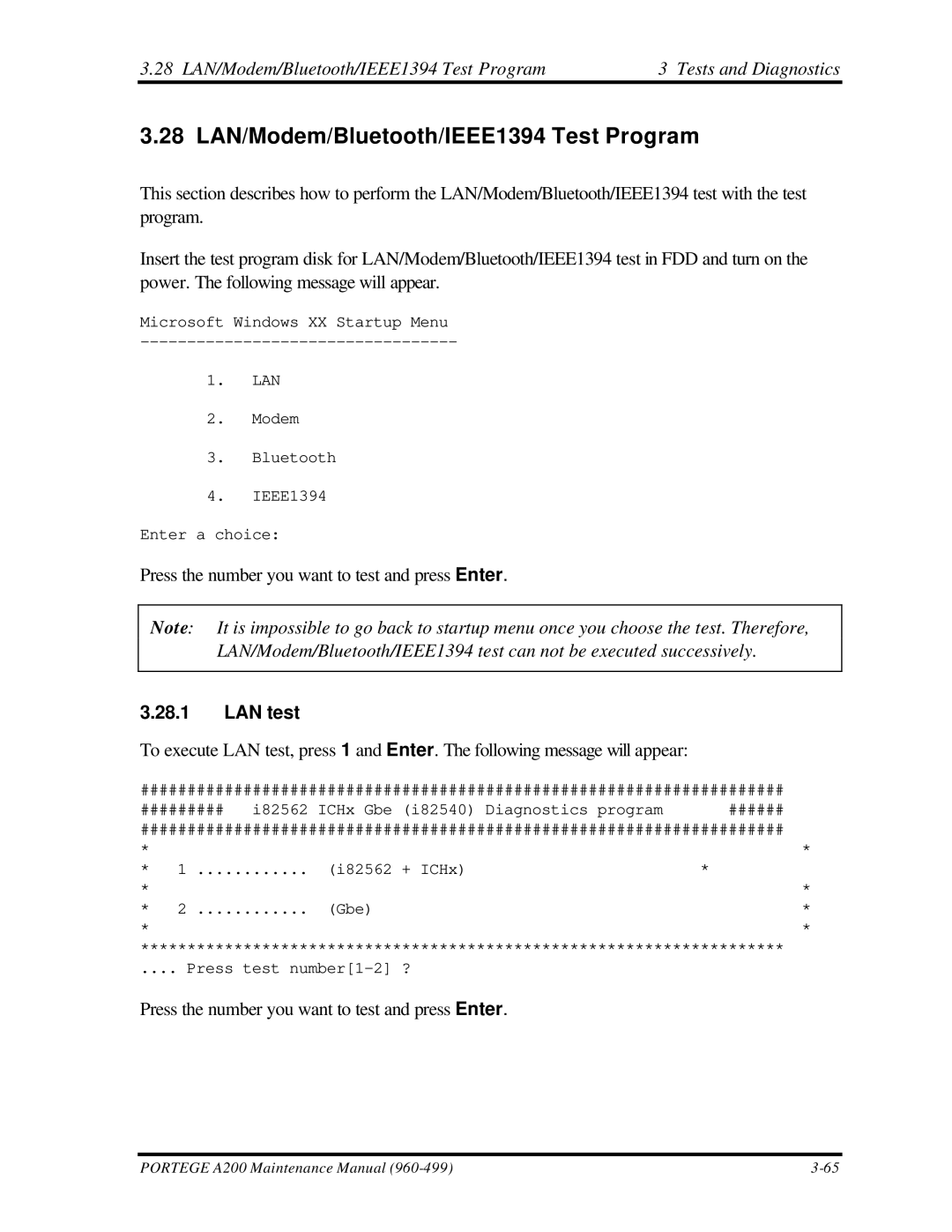 Toshiba A200 manual 28 LAN/Modem/Bluetooth/IEEE1394 Test Program, LAN test 