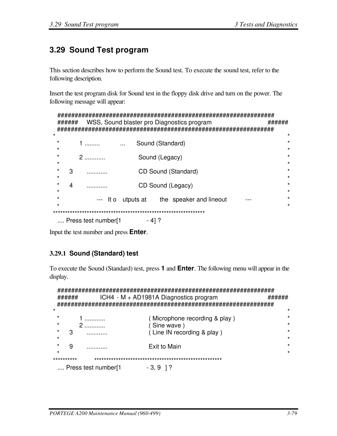 Toshiba A200 manual Sound Test program Tests and Diagnostics, Sound Standard test 