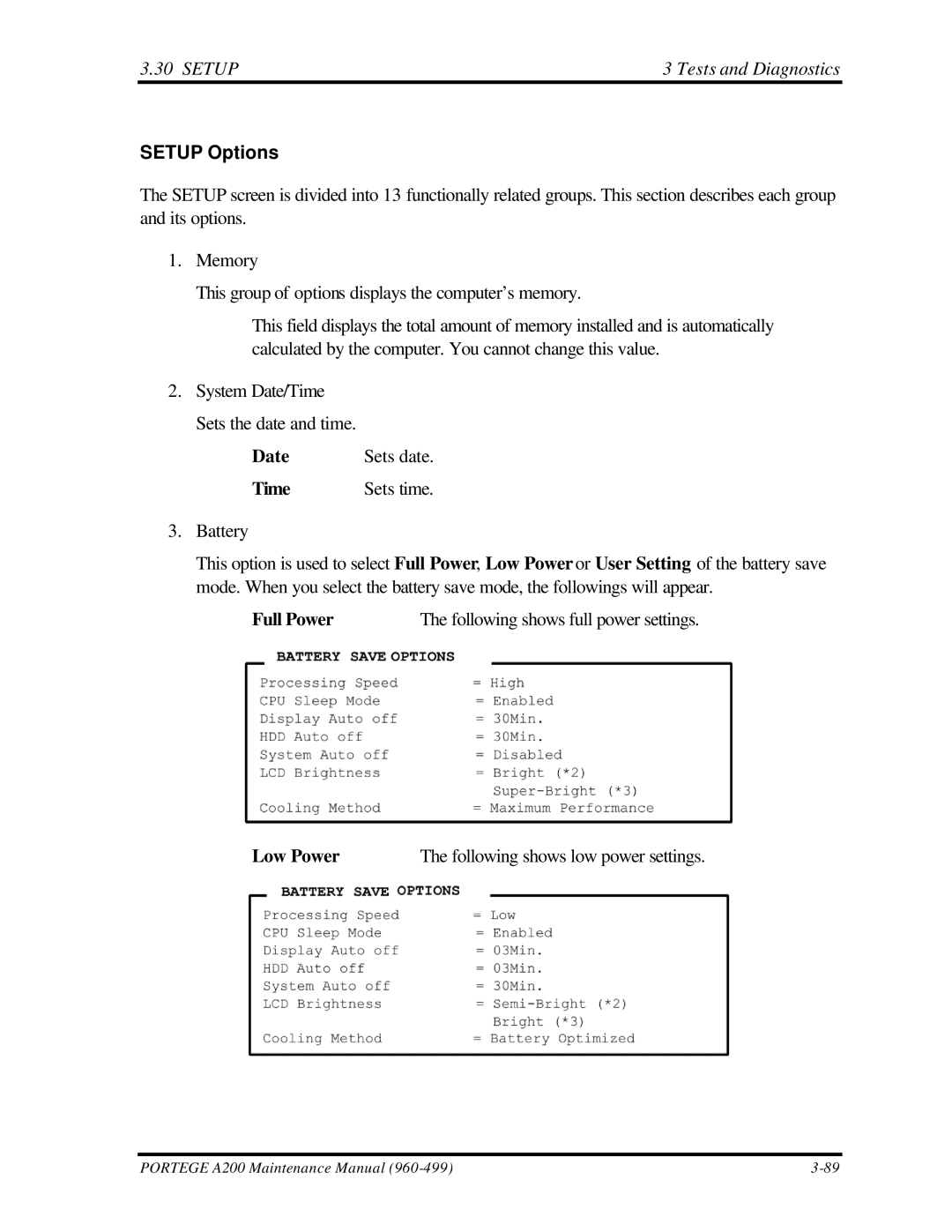 Toshiba A200 manual Setup Options, Date Sets date Time Sets time 