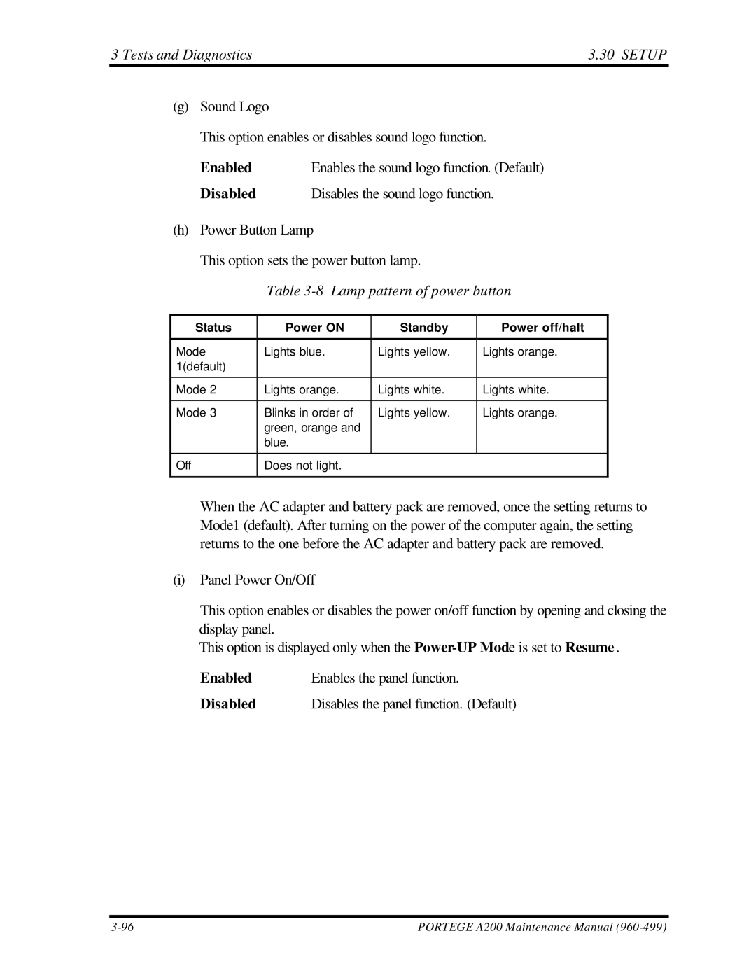 Toshiba A200 manual Lamp pattern of power button, Status Power on Standby Power off/halt 