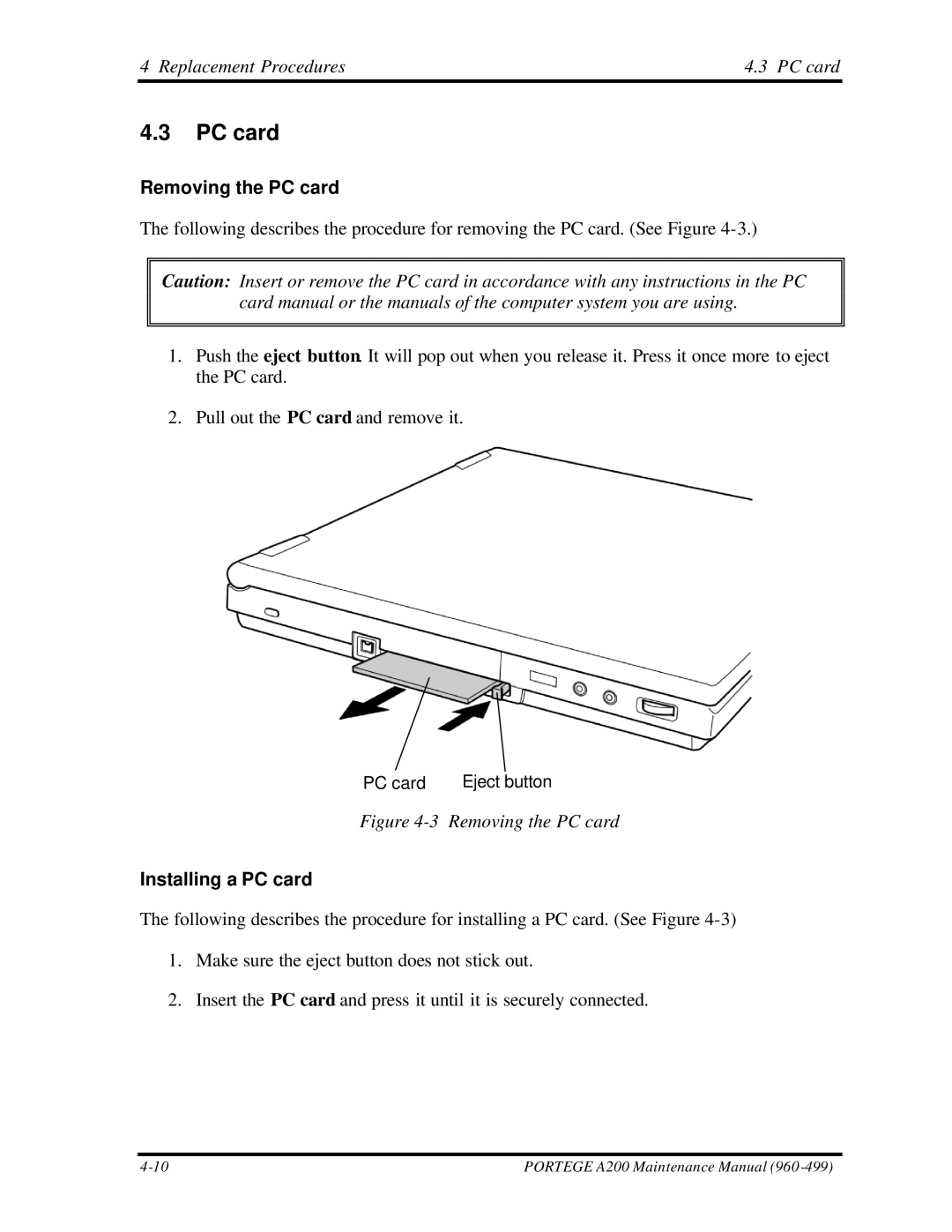 Toshiba A200 manual Replacement Procedures PC card, Removing the PC card, Installing a PC card 