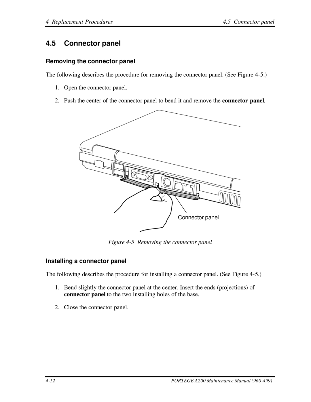 Toshiba A200 manual Replacement Procedures Connector panel, Removing the connector panel, Installing a connector panel 