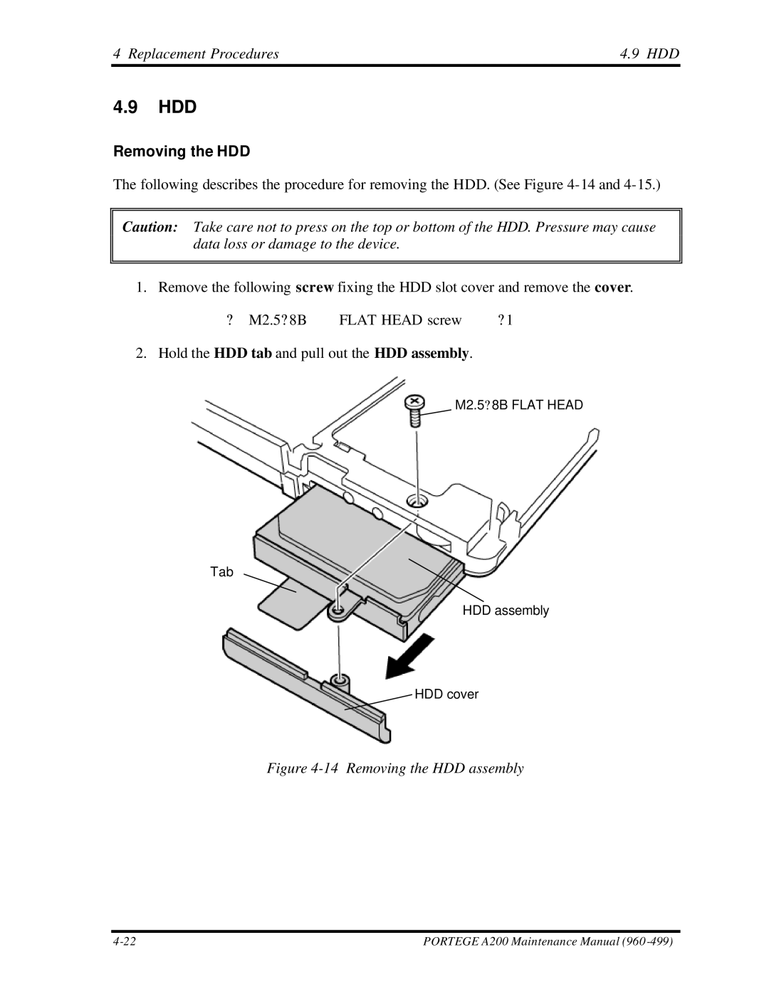 Toshiba A200 manual Hdd, Replacement Procedures HDD, Removing the HDD 