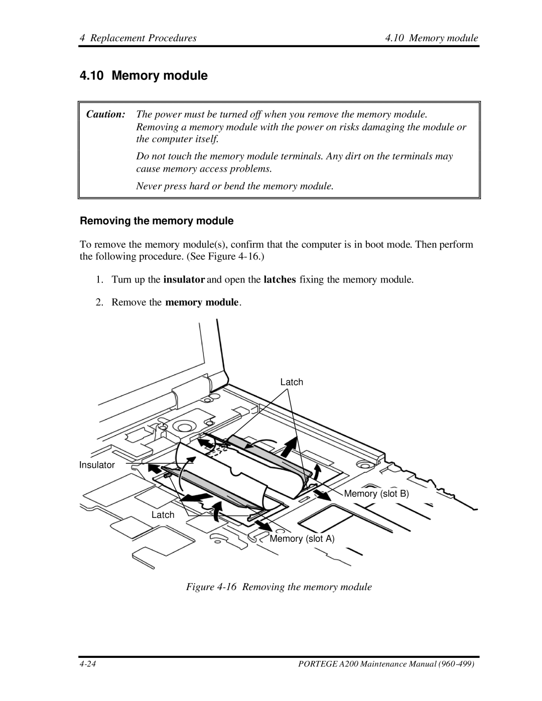 Toshiba A200 manual Replacement Procedures Memory module, Removing the memory module 