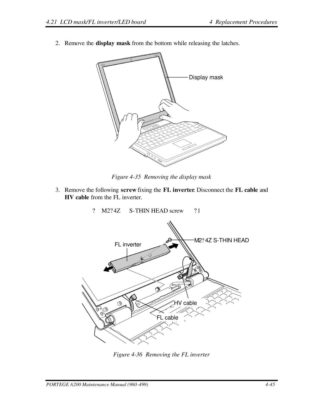 Toshiba A200 manual LCD mask/FL inverter/LED board Replacement Procedures, Removing the display mask 