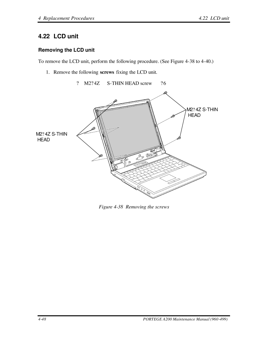 Toshiba A200 manual Replacement Procedures4.22 LCD unit, Removing the LCD unit 