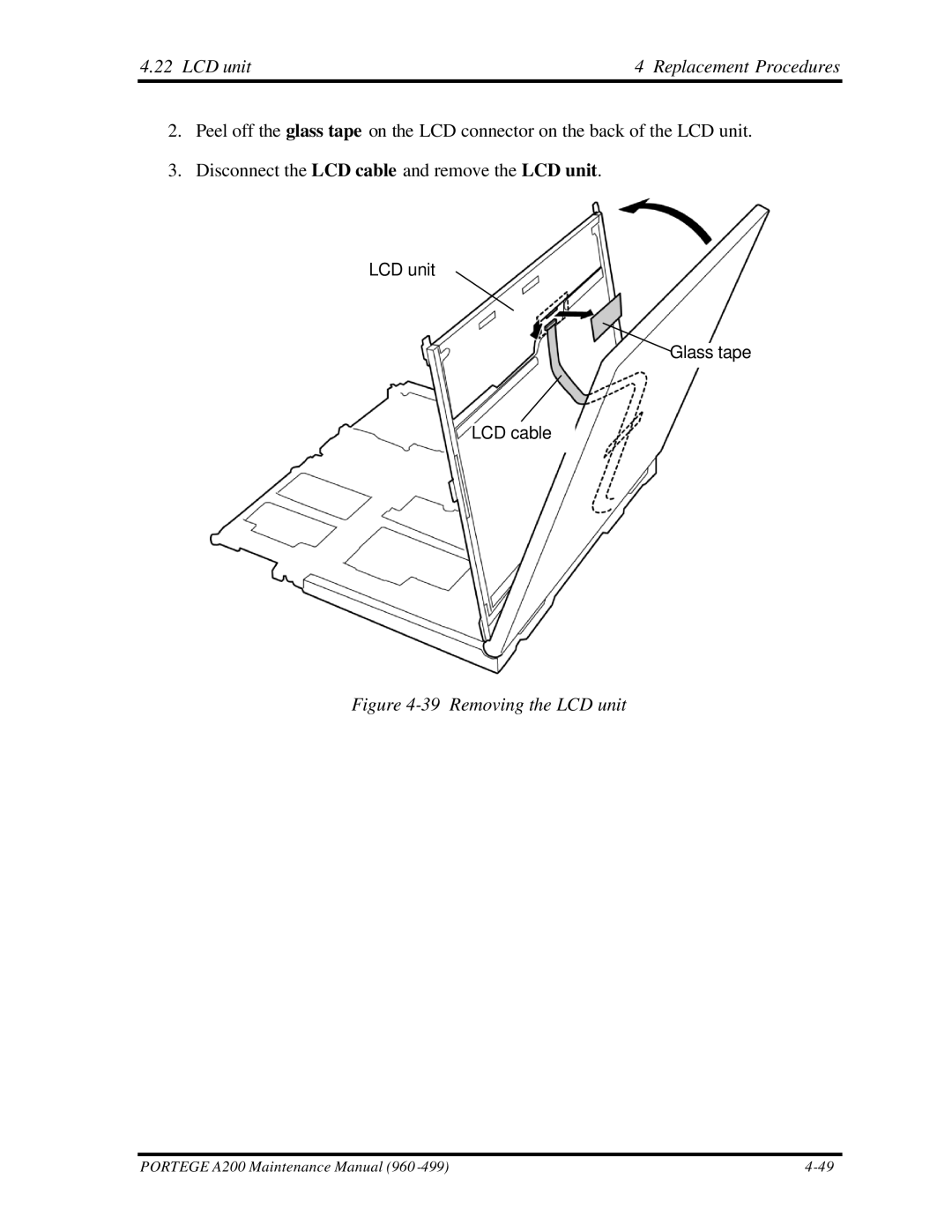 Toshiba A200 manual LCD unit Replacement Procedures, Removing the LCD unit 