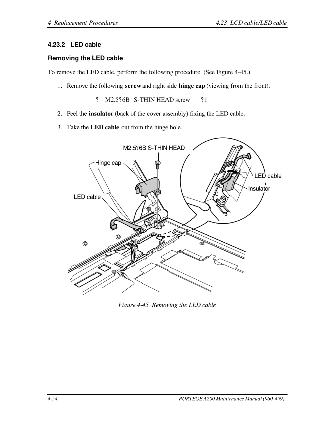 Toshiba A200 manual LED cable Removing the LED cable 