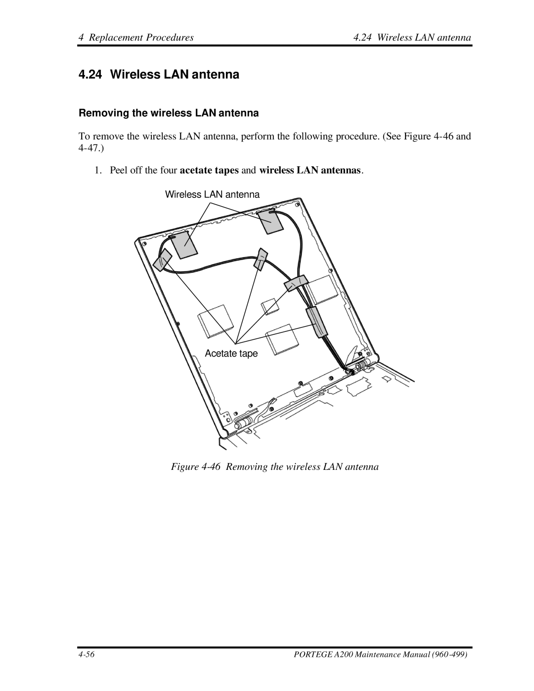 Toshiba A200 manual Replacement Procedures Wireless LAN antenna, Removing the wireless LAN antenna 
