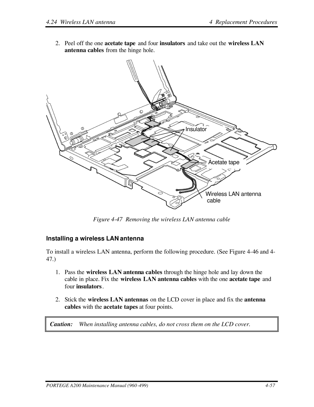 Toshiba A200 manual Wireless LAN antenna Replacement Procedures, Installing a wireless LAN antenna 