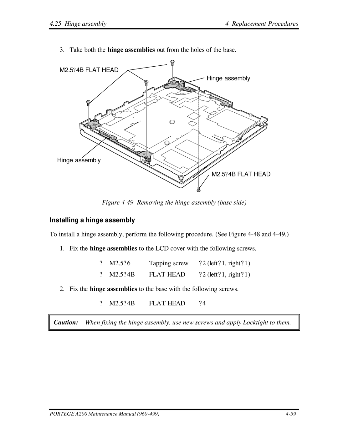 Toshiba A200 manual Hinge assembly Replacement Procedures, Installing a hinge assembly 