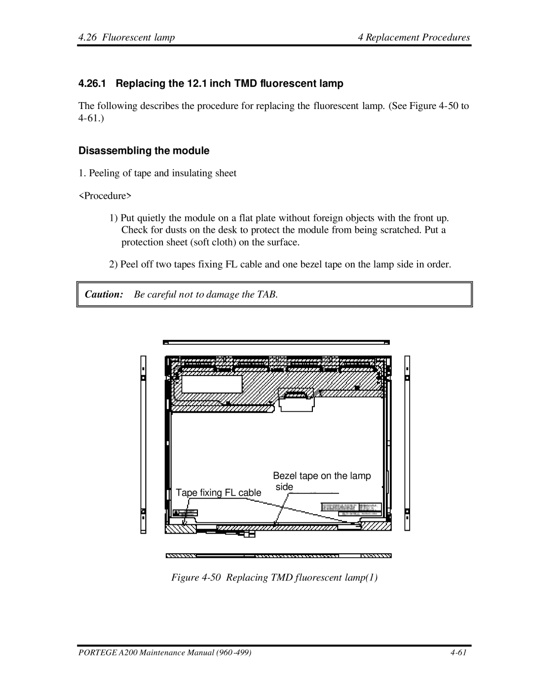 Toshiba A200 manual Fluorescent lamp Replacement Procedures, Replacing the 12.1 inch TMD fluorescent lamp 