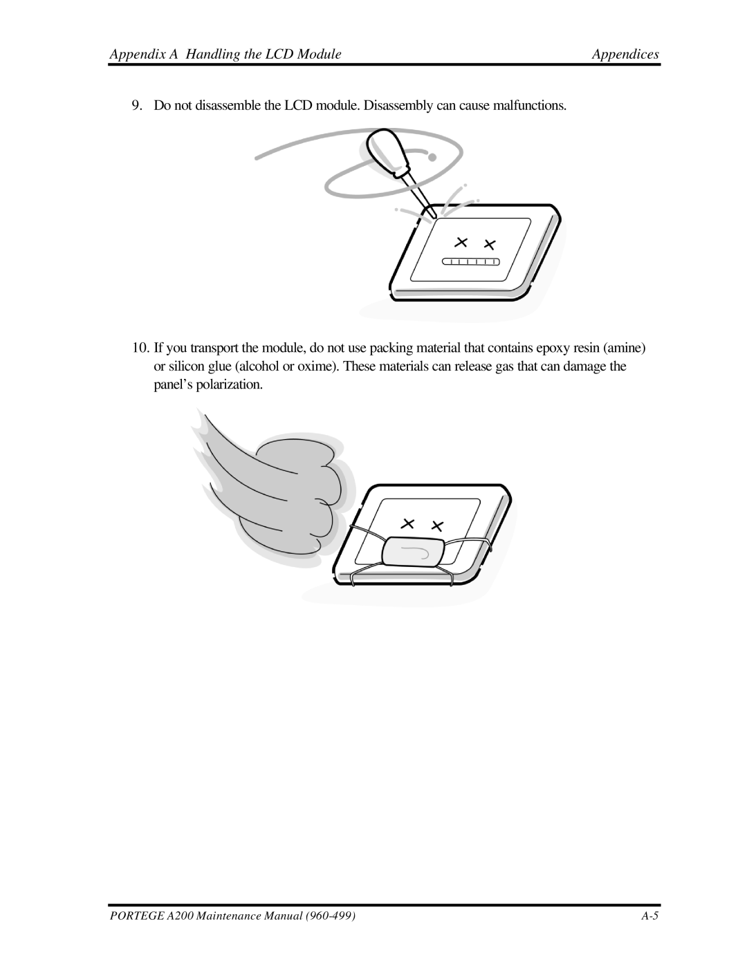 Toshiba A200 manual Appendix a Handling the LCD Module Appendices 