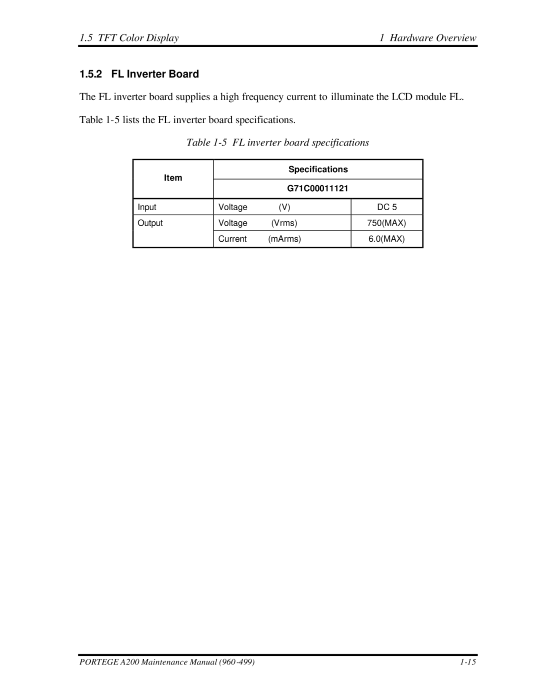 Toshiba A200 manual TFT Color Display Hardware Overview, FL Inverter Board, FL inverter board specifications 