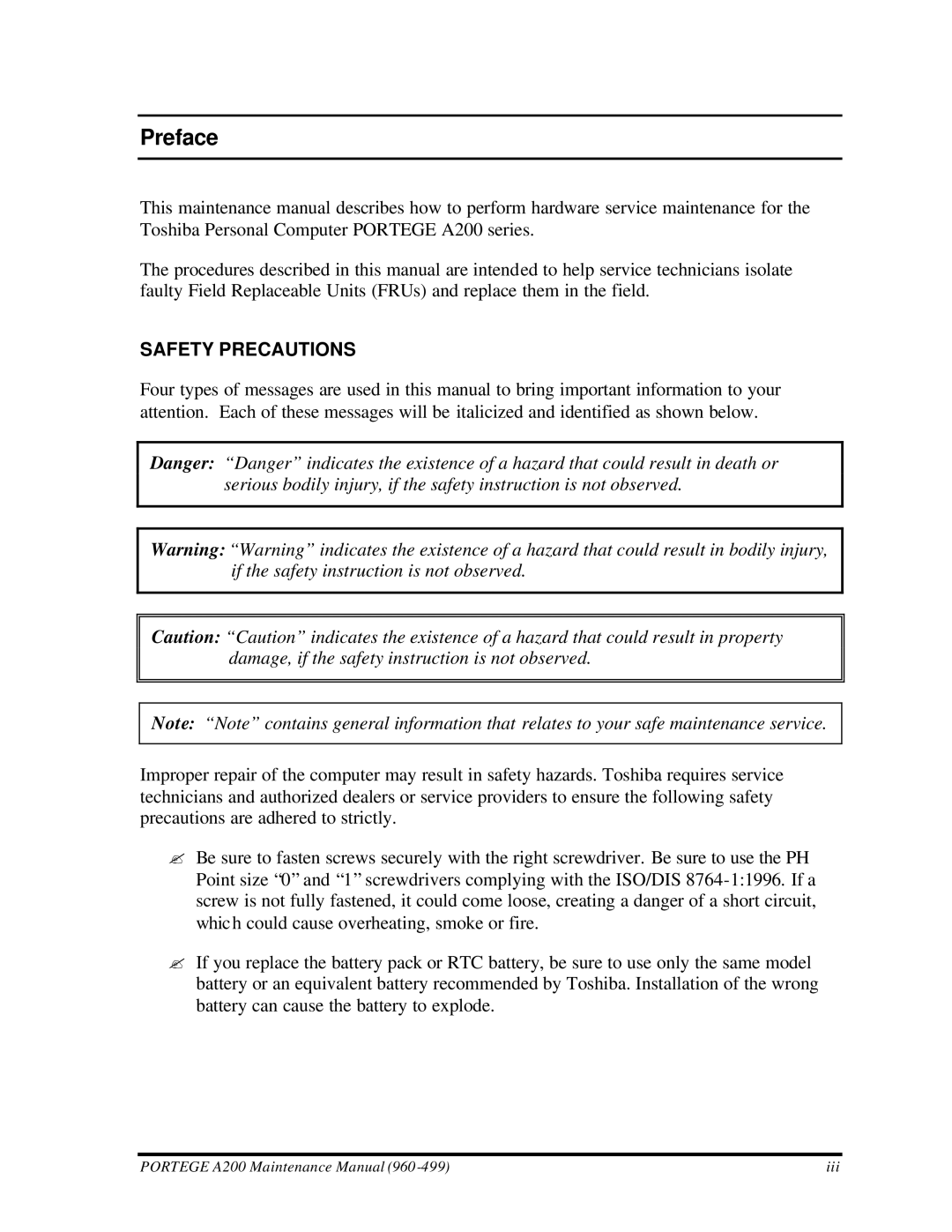 Toshiba A200 manual Preface, Safety Precautions 