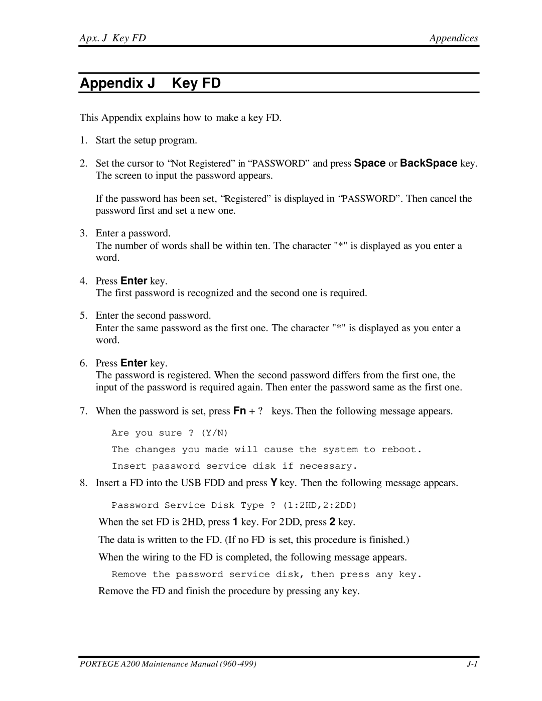 Toshiba A200 manual Appendix J Key FD, Apx. J Key FD Appendices 