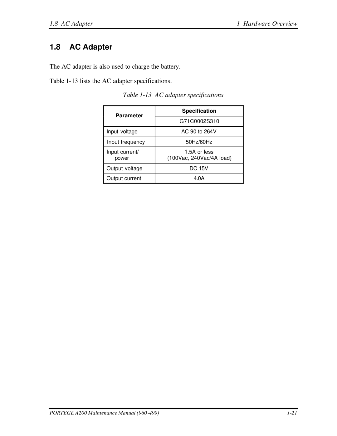 Toshiba A200 manual AC Adapter Hardware Overview, AC adapter specifications, Parameter Specification 