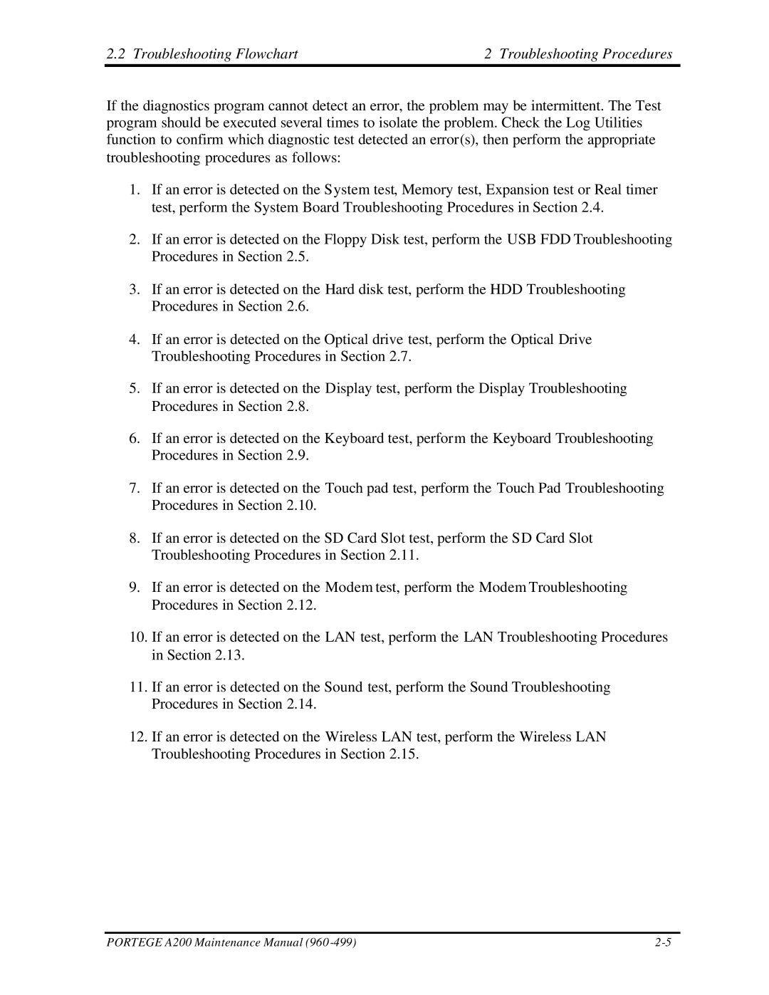 Toshiba A200 manual Troubleshooting Flowchart Troubleshooting Procedures 