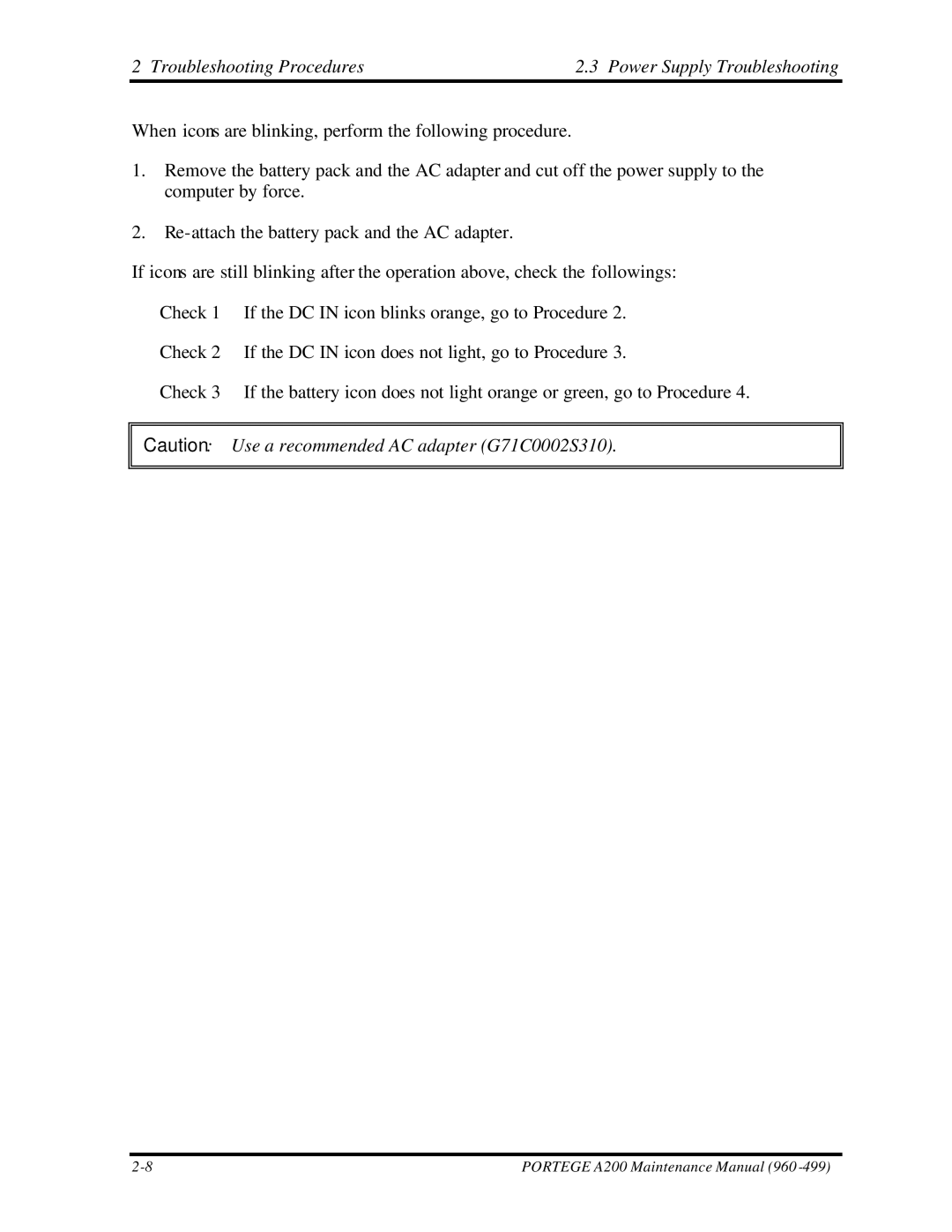 Toshiba A200 manual Troubleshooting Procedures Power Supply Troubleshooting 