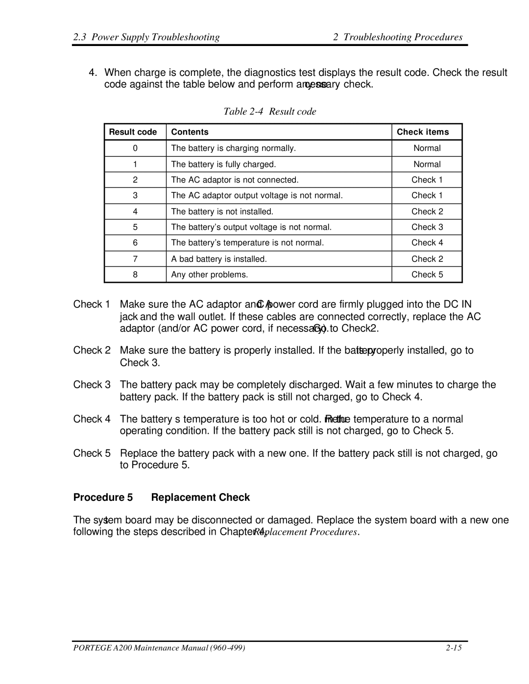 Toshiba A200 manual Procedure 5 Replacement Check, Result code Contents Check items 