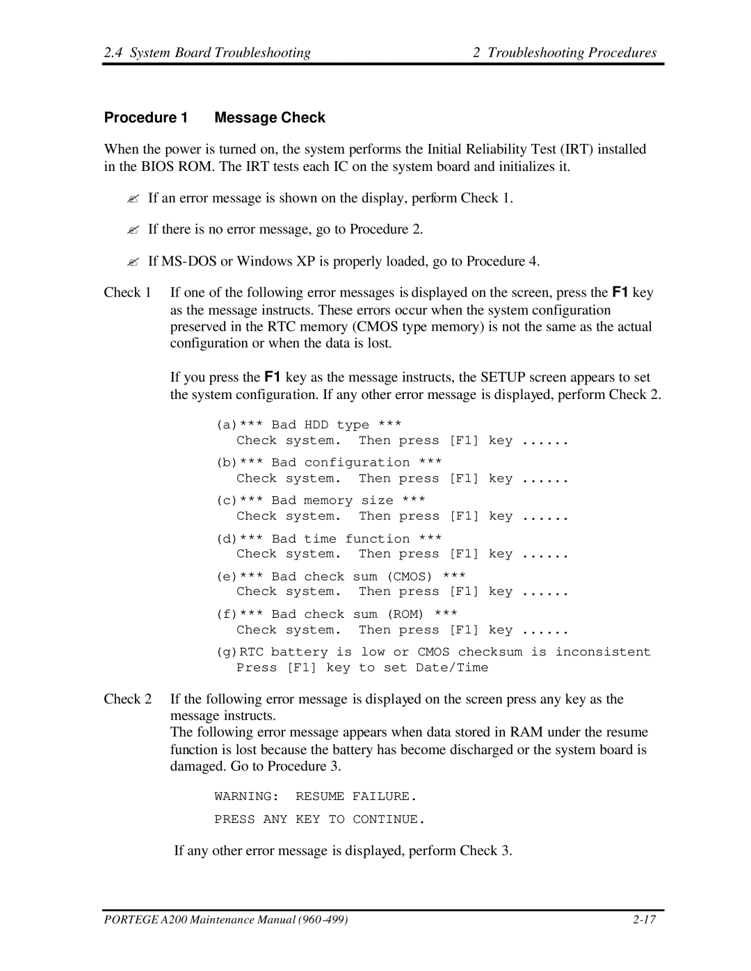 Toshiba A200 manual System Board Troubleshooting Troubleshooting Procedures, Procedure 1 Message Check 