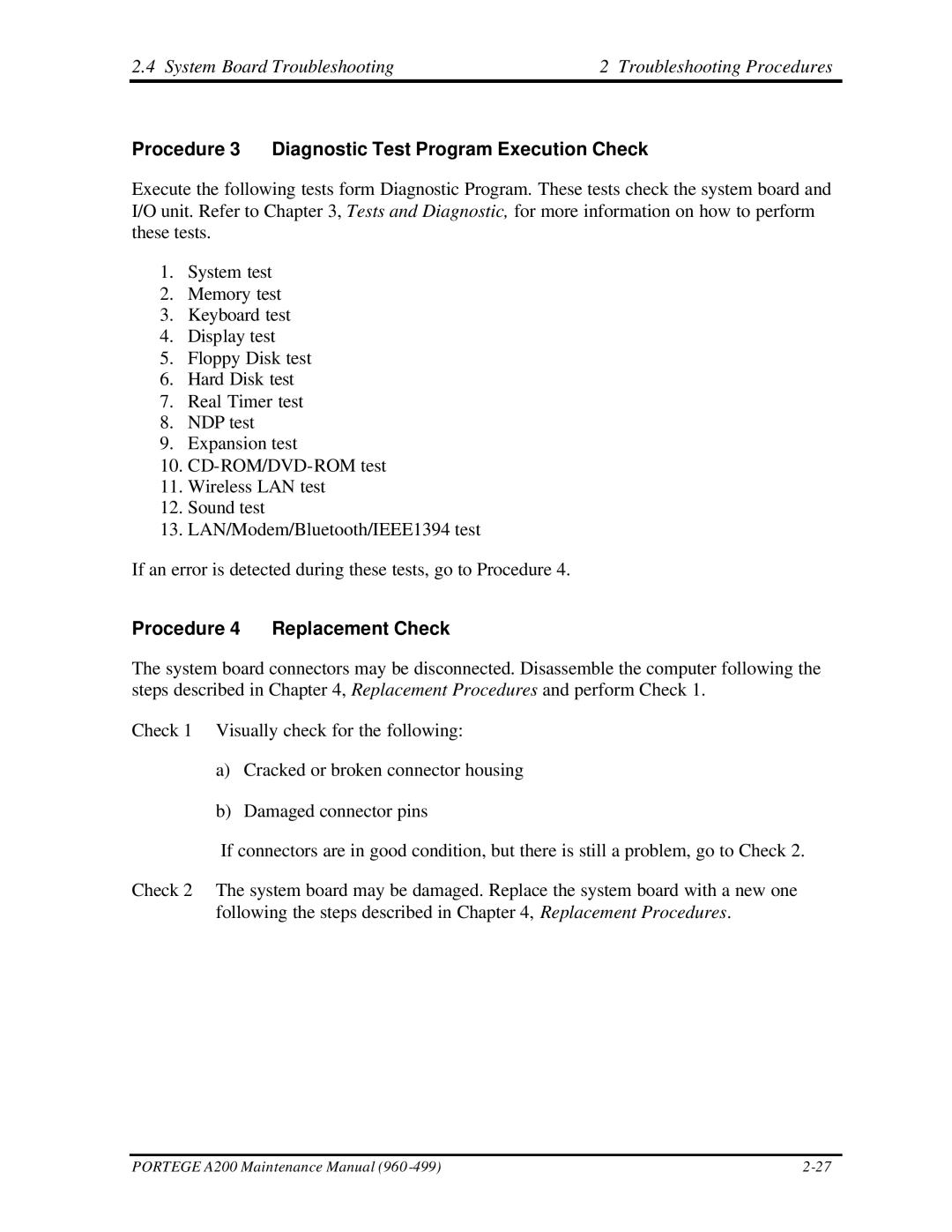 Toshiba A200 manual Procedure 3 Diagnostic Test Program Execution Check, Procedure 4 Replacement Check 
