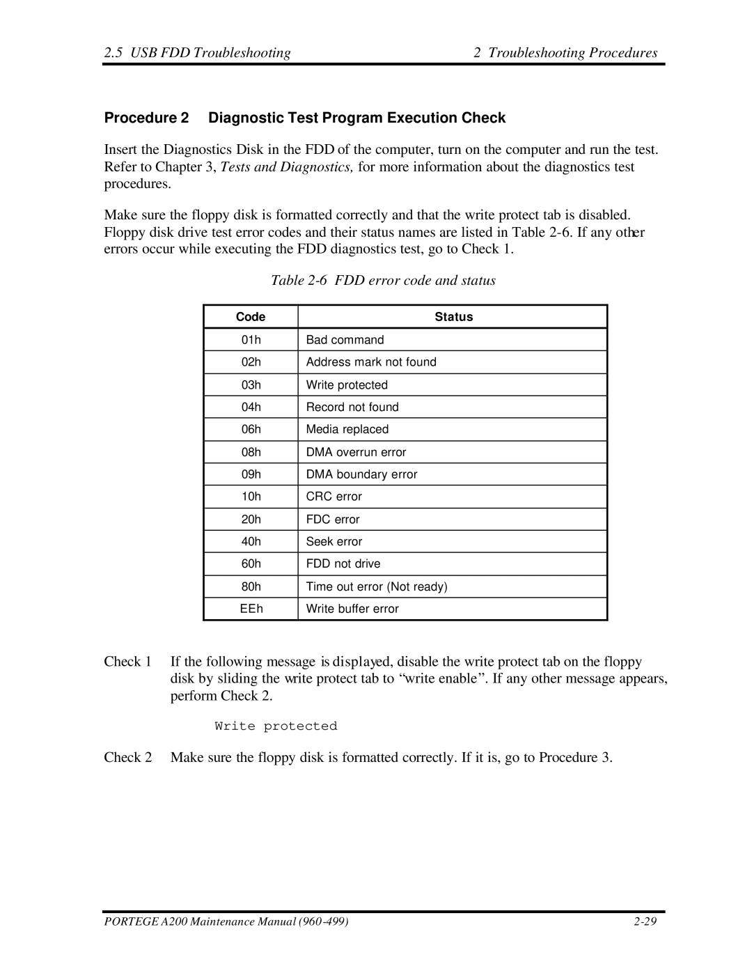 Toshiba A200 manual USB FDD Troubleshooting Troubleshooting Procedures, Procedure 2 Diagnostic Test Program Execution Check 