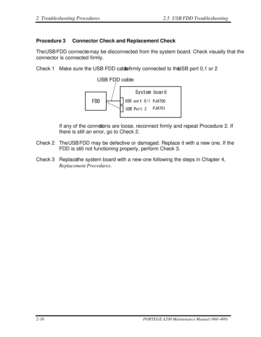 Toshiba A200 manual Procedure 3 Connector Check and Replacement Check 