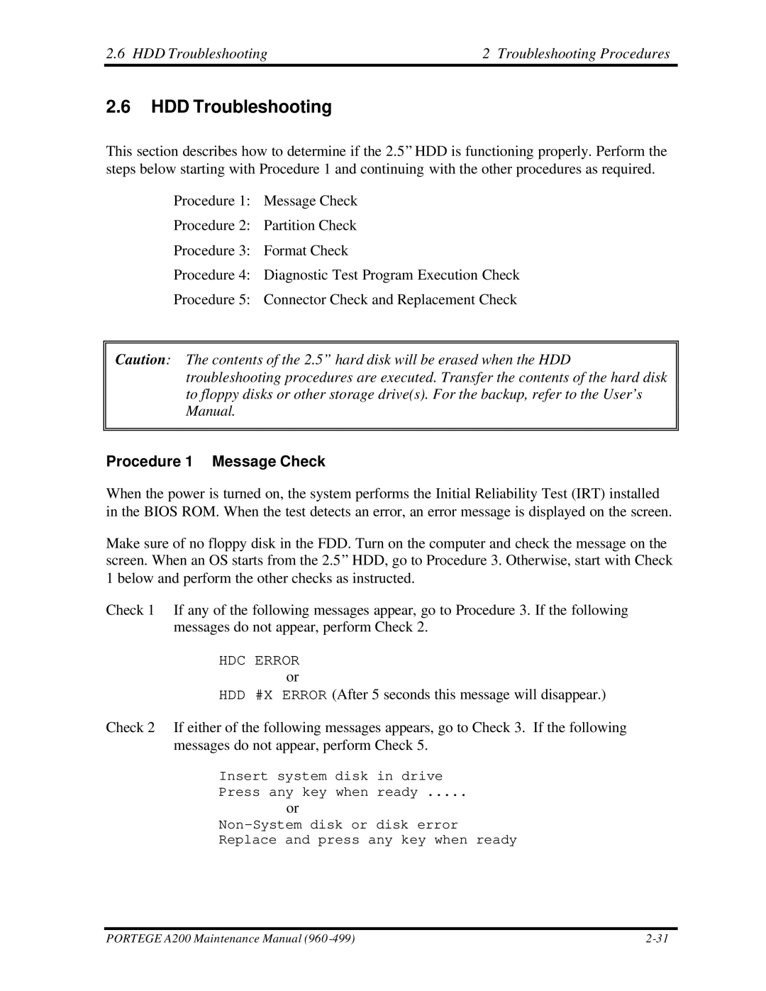 Toshiba A200 manual HDD Troubleshooting Troubleshooting Procedures 