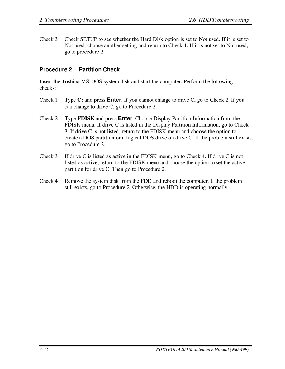 Toshiba A200 manual Troubleshooting Procedures HDD Troubleshooting, Procedure 2 Partition Check 