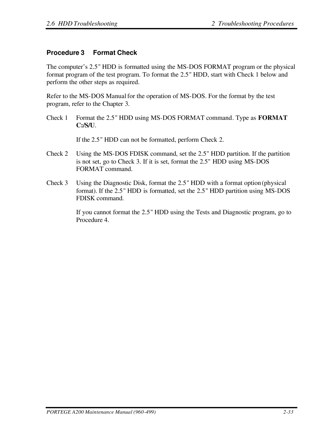 Toshiba A200 manual Procedure 3 Format Check 