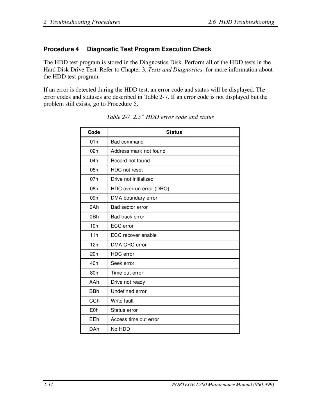 Toshiba A200 manual Procedure 4 Diagnostic Test Program Execution Check, HDD error code and status 