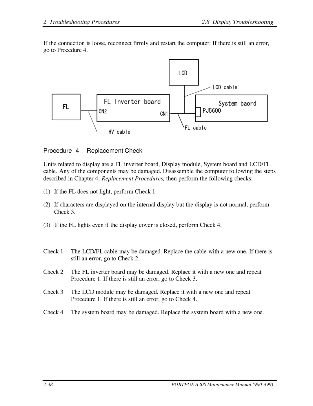 Toshiba A200 manual Troubleshooting Procedures Display Troubleshooting, Procedure 4 Replacement Check 