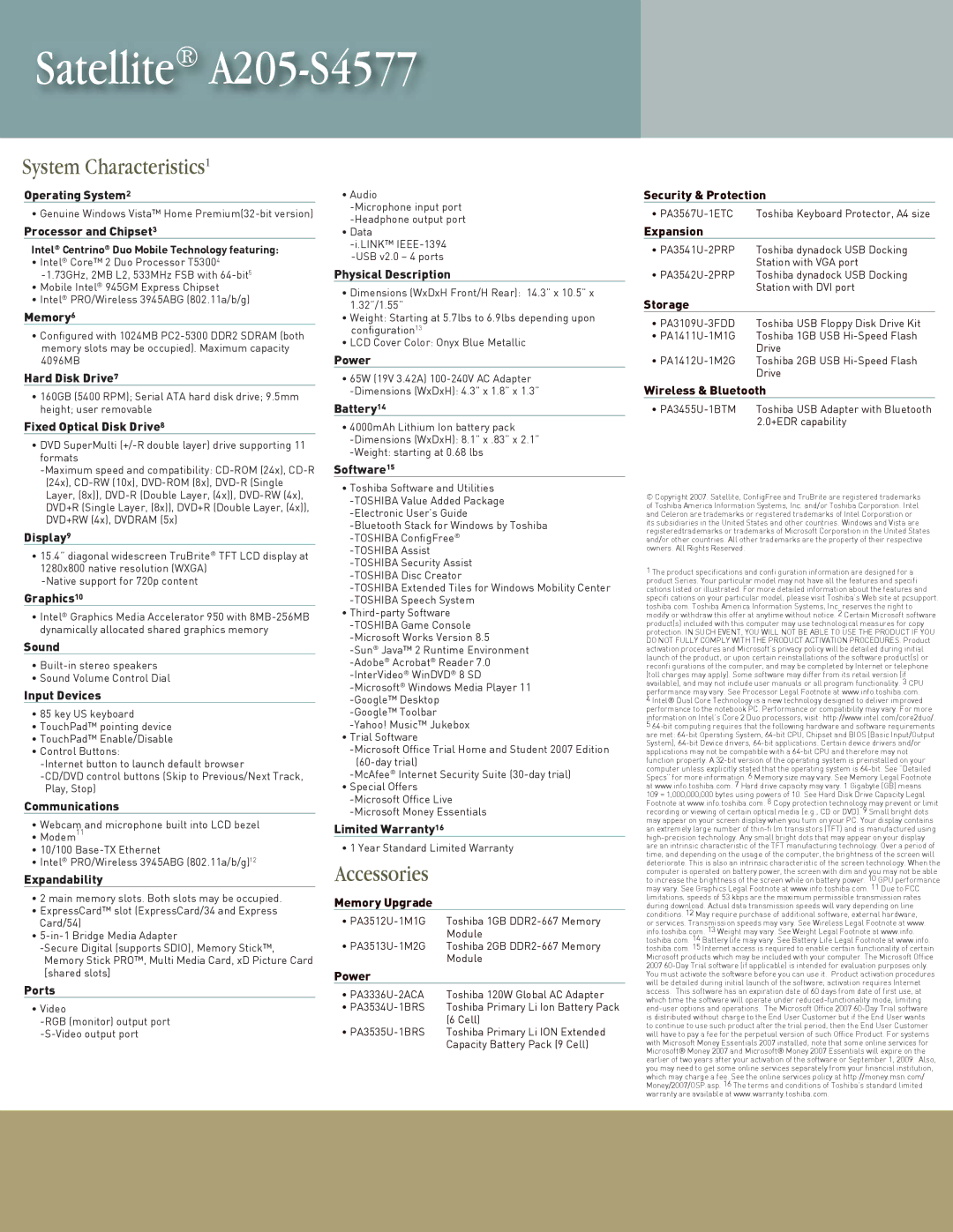 Toshiba A205-S4577 Operating System2, Processor and Chipset3, Memory6, Hard Disk Drive7, Fixed Optical Disk Drive8, Sound 
