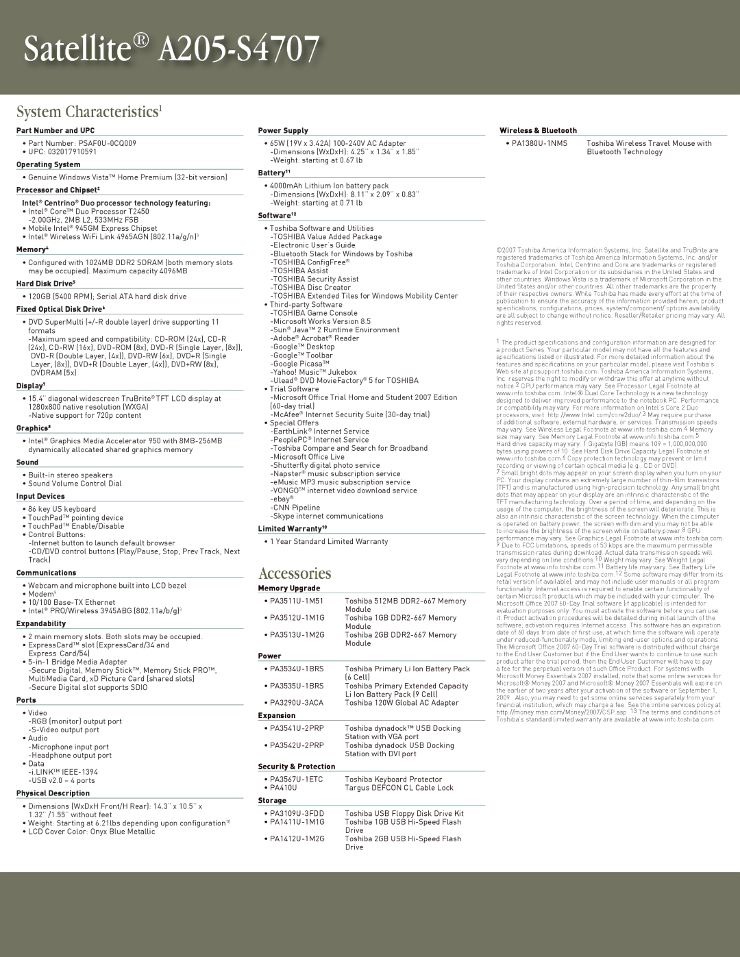 Toshiba A205-S4707 Part Number and UPC, Operating System, Memory4, Hard Disk Drive5, Fixed Optical Disk Drive6, Display7 