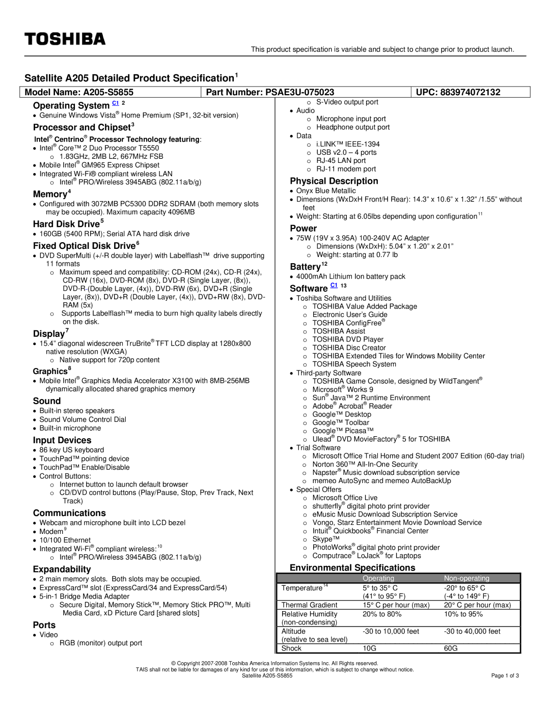 Toshiba A205-S5855 specifications Processor and Chipset3, Physical Description Memory4, Hard Disk Drive5 Power, Battery12 