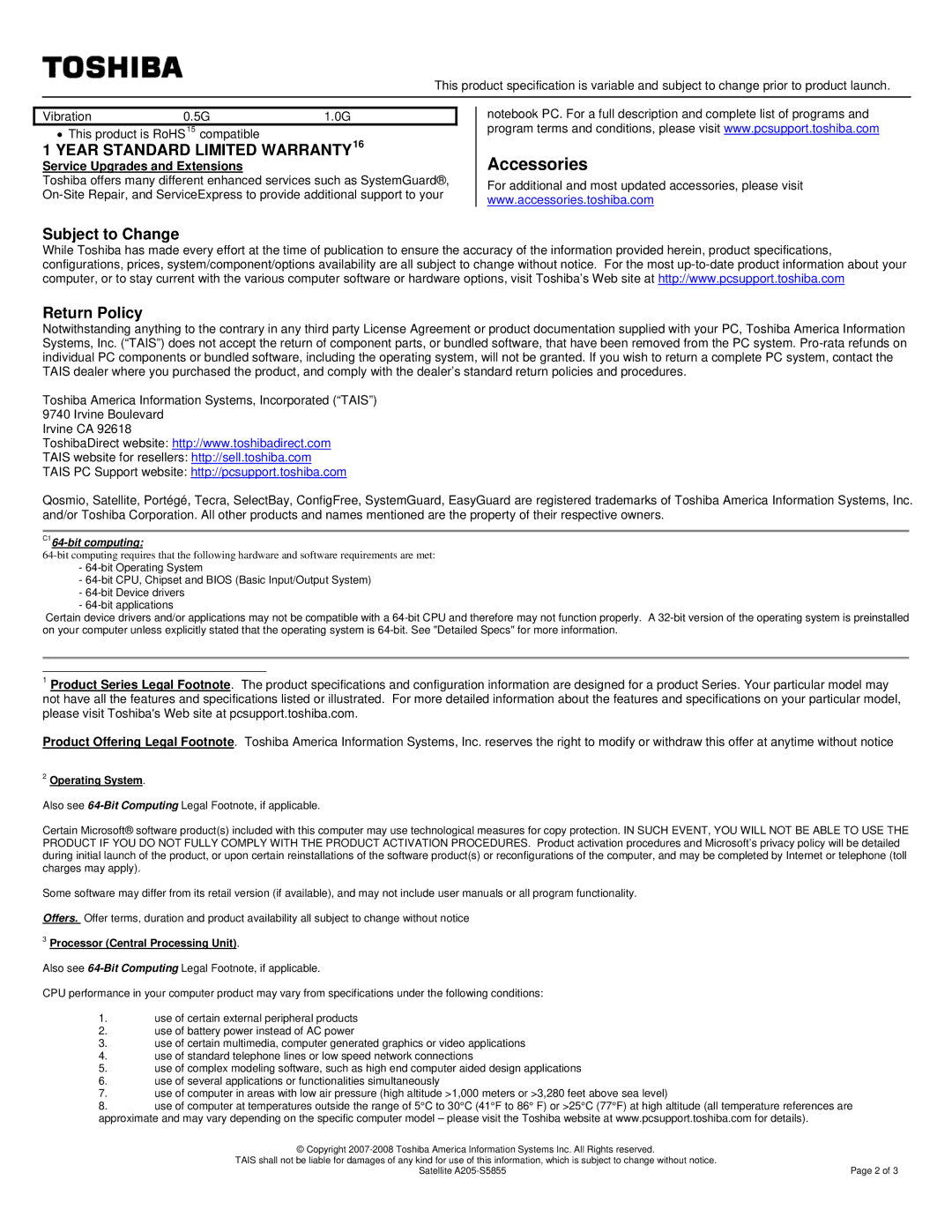 Toshiba A205-S5855 specifications Subject to Change Return Policy, Operating System, Processor Central Processing Unit 