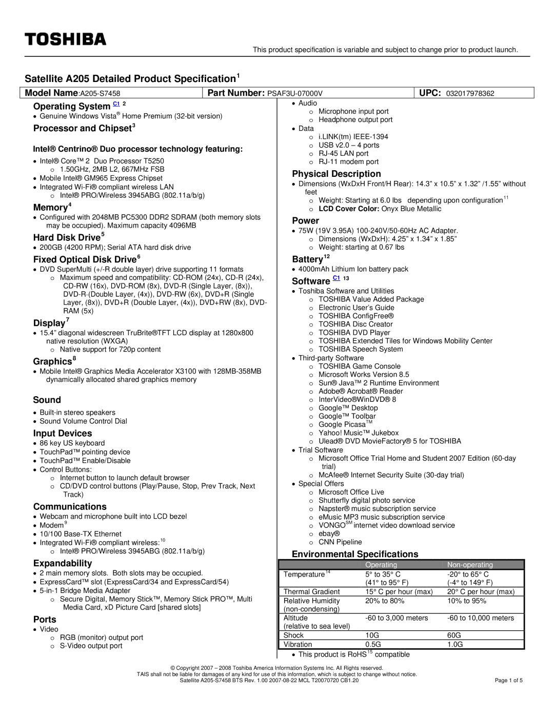 Toshiba A205-S7458 specifications Part Number PSAF3U-07000V, Operating System C1, Processor and Chipset3, Memory, Power 