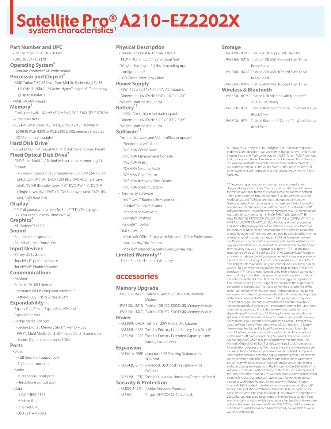 Toshiba A210-EZ2202X Part Number and UPC, Operating System2, Processor and Chipset3, Memory4, Hard Disk Drive5, Display7 