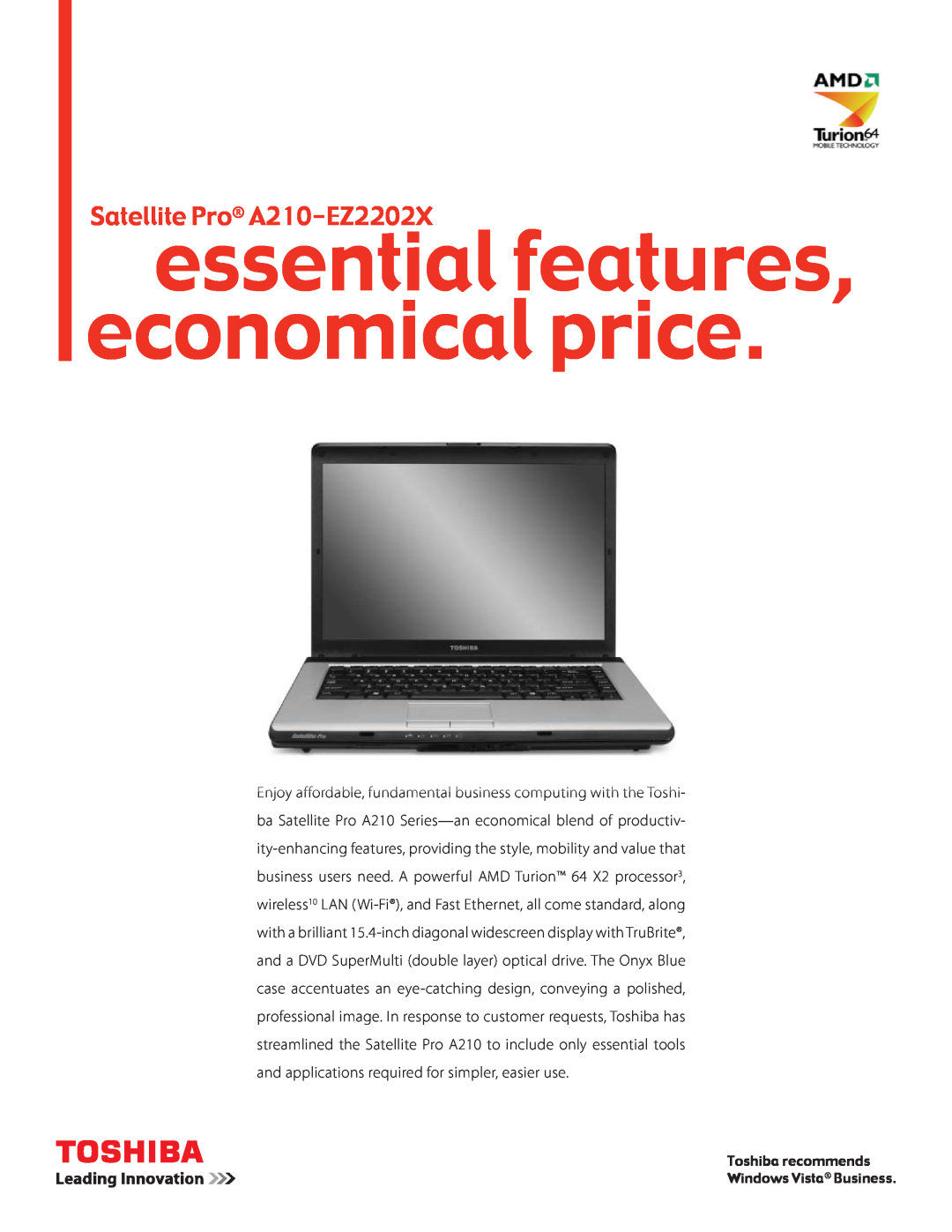 Toshiba manual essential features, economical price, Satellite Pro A210-EZ2202X 
