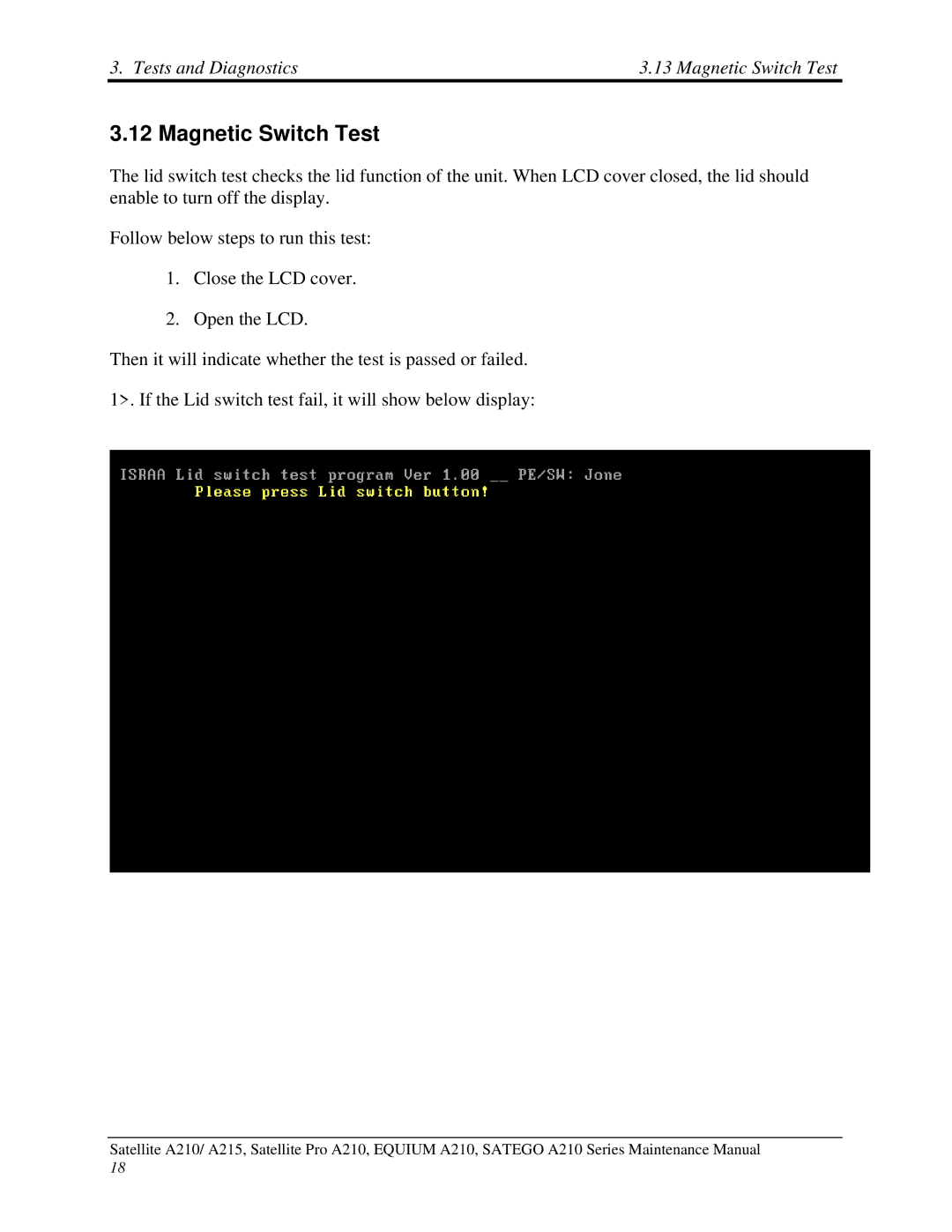 Toshiba a210 manual Magnetic Switch Test 