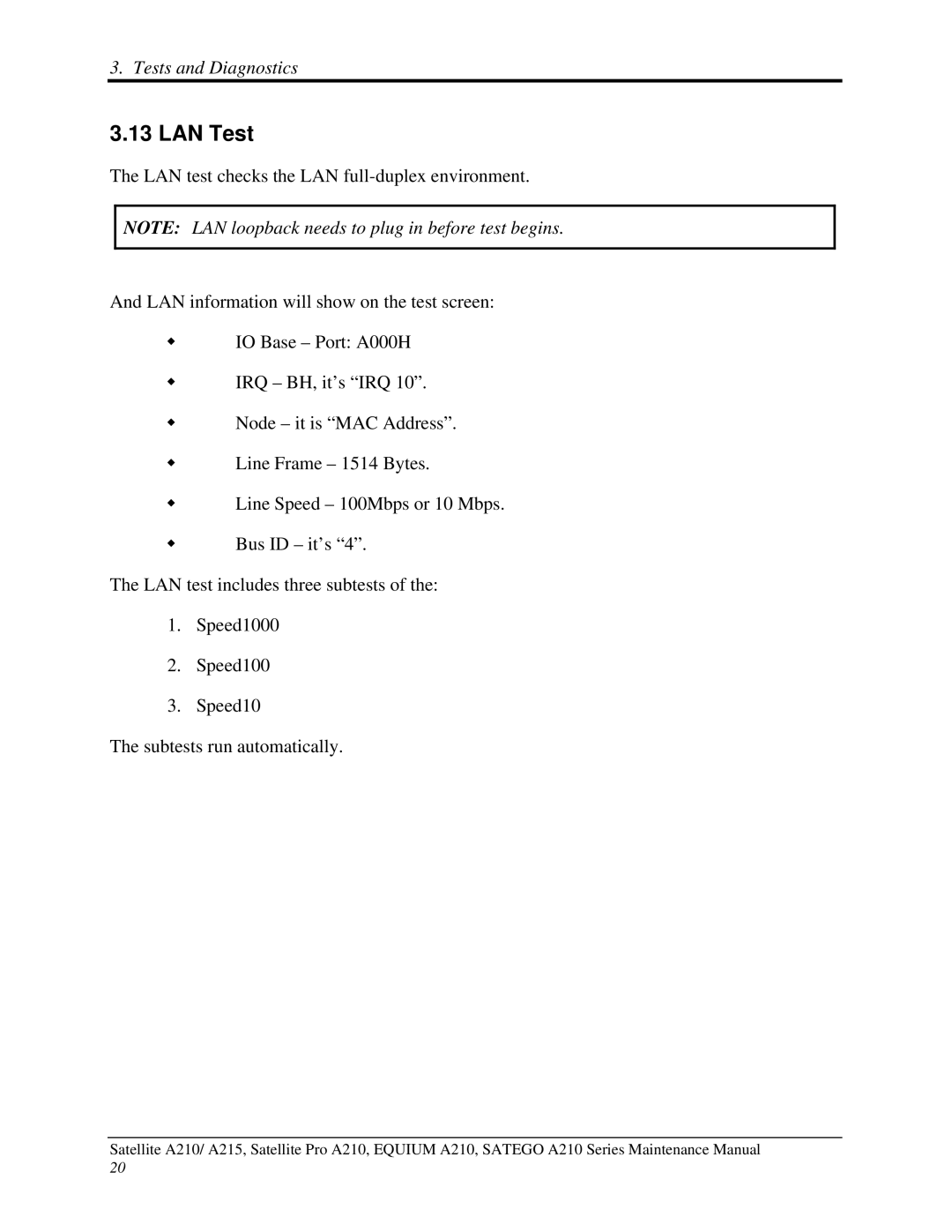 Toshiba a210 manual LAN Test 