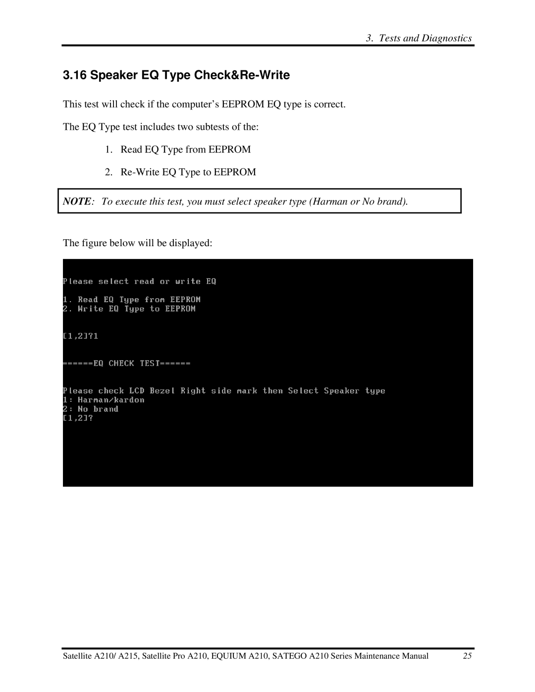 Toshiba a210 manual Speaker EQ Type Check&Re-Write 