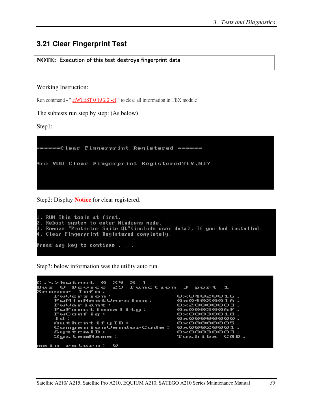 Toshiba a210 manual Clear Fingerprint Test 